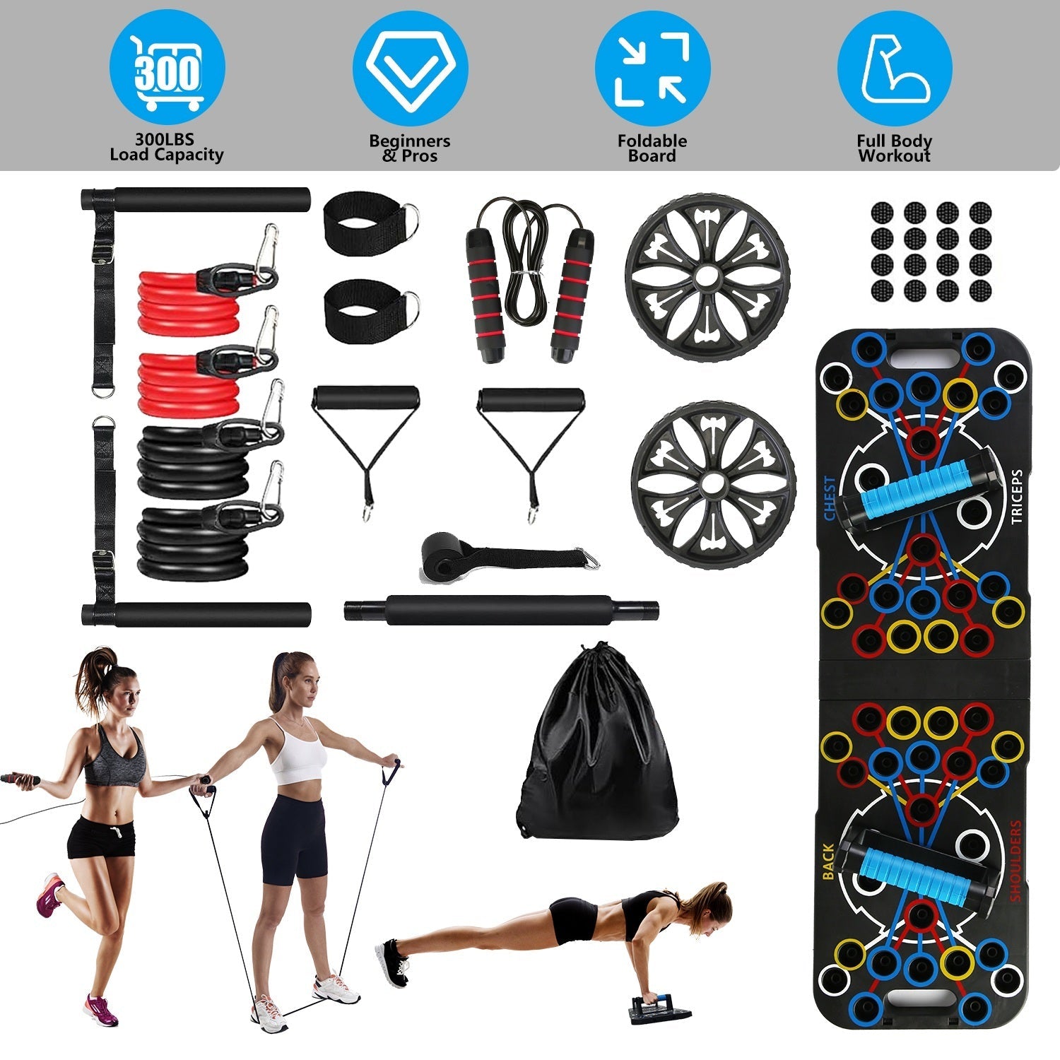 Multifunctional Push-Up Board Home Gym System with Resistance Bands, Abdominal Wheels, Jump Rope and More Zenvana Living